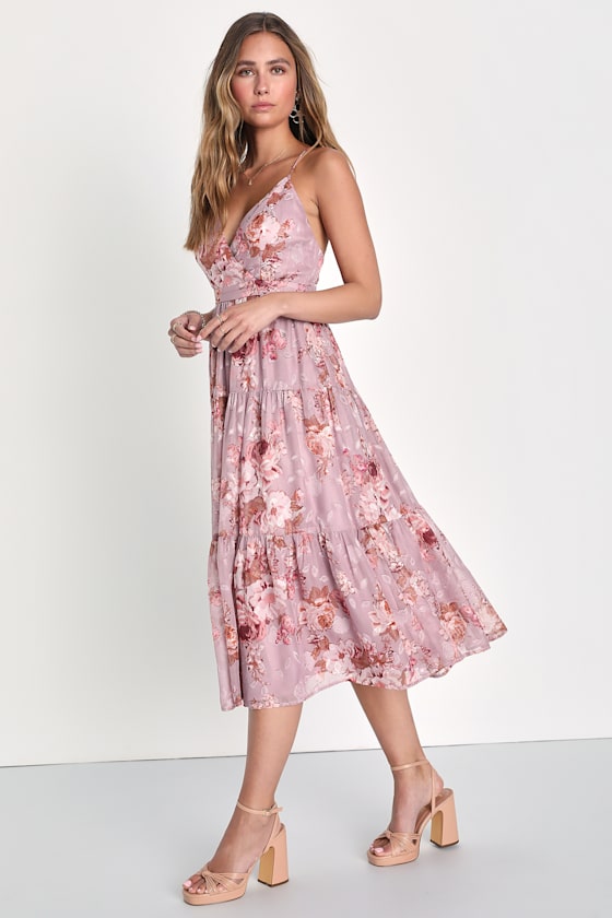Lovely Energy Mauve Floral Print Tiered Backless Midi Dress