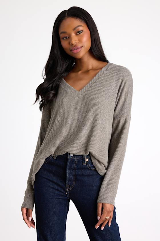 Just Vibing Olive Green Ribbed V-Neck Sweater Top