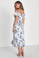 Delightfully Sweet White Floral Off-the-Shoulder Midi Dress