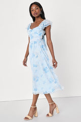 Loveliest Darling Light Blue Floral Ruffled Tie-Back Midi Dress