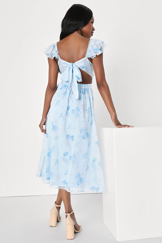 Loveliest Darling Light Blue Floral Ruffled Tie-Back Midi Dress
