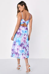 Radiant Feelings Blue and Purple Floral Chiffon Midi Dress