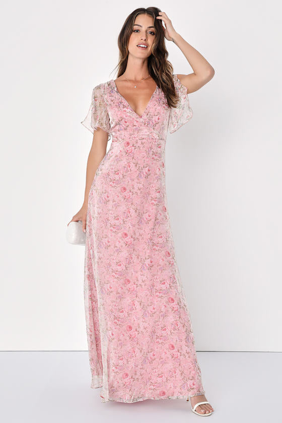 Dreamiest Desires Pink Floral Flutter Sleeve Maxi Dress