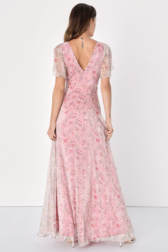 Dreamiest Desires Pink Floral Flutter Sleeve Maxi Dress