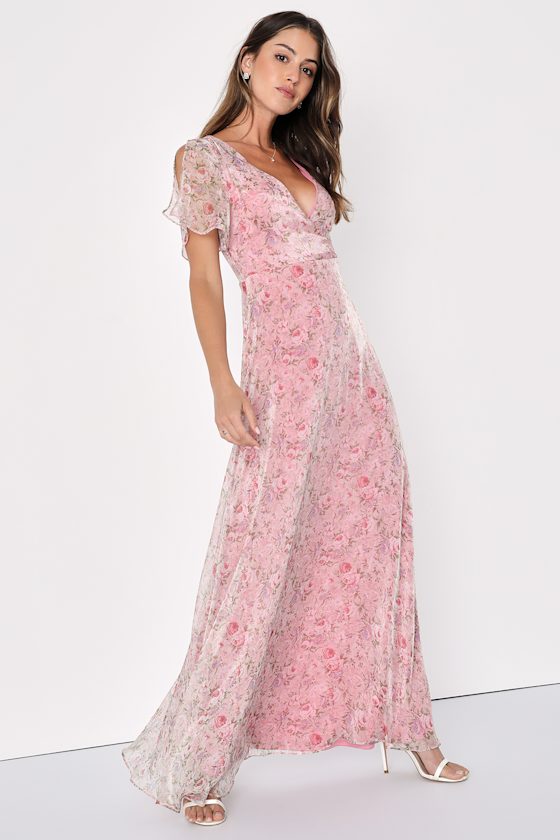 Dreamiest Desires Pink Floral Flutter Sleeve Maxi Dress