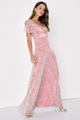 Dreamiest Desires Pink Floral Flutter Sleeve Maxi Dress