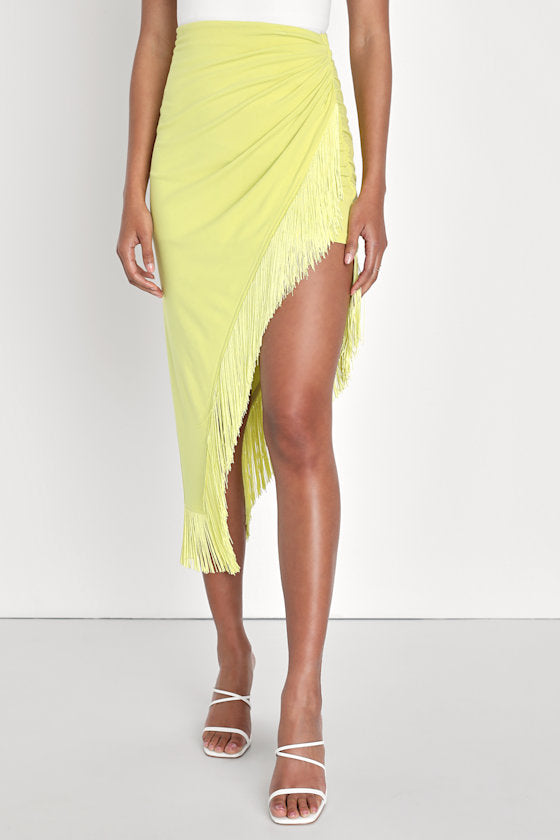 Festive Flirt Lime Green Ruched Fringe Midi Skirt