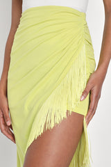 Festive Flirt Lime Green Ruched Fringe Midi Skirt