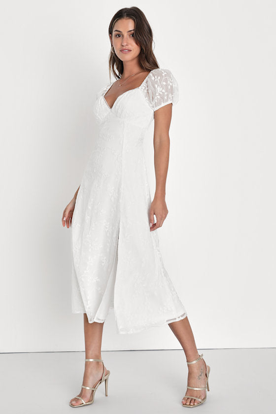 Blossoming with Charm White Embroidered Tie-Back Midi Dress