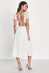 Blossoming with Charm White Embroidered Tie-Back Midi Dress