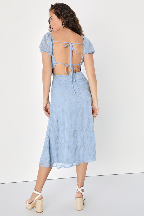 Blossoming with Charm Blue Embroidered Tie-Back Midi Dress