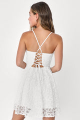 Flowery Flirtation White Tulle Lace-Up Mini Dress