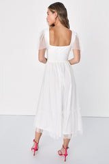 Dreamy Celebration White Tulle Bustier Swiss Dot Midi Dress