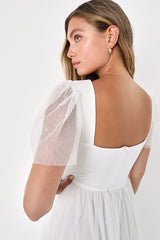 Dreamy Celebration White Tulle Bustier Swiss Dot Midi Dress