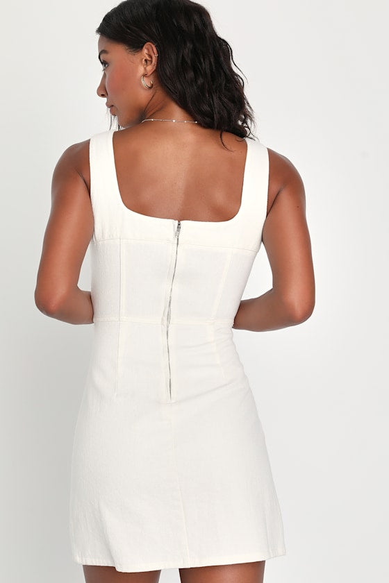 So Delighted Ivory Denim Corset Seam Mini Dress