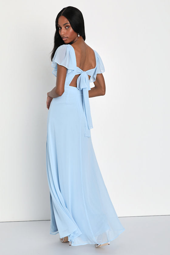 Simply Delightful Light Blue Tie-Back Flutter Sleeve Maxi Dress