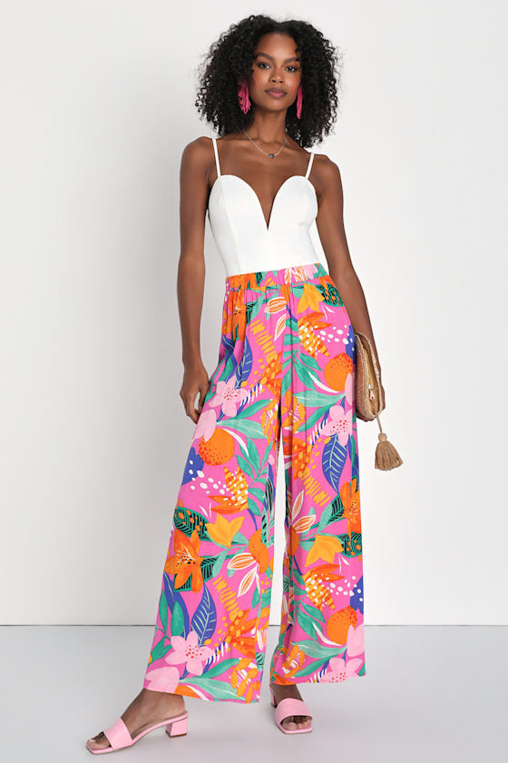 Spontaneous Sweetie Pink Multi Tropical Print Wide-Leg Pants