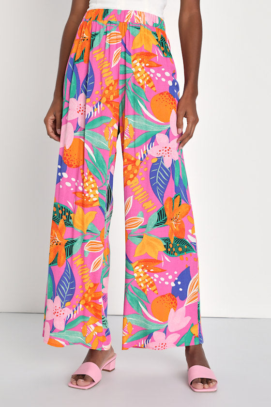 Spontaneous Sweetie Pink Multi Tropical Print Wide-Leg Pants