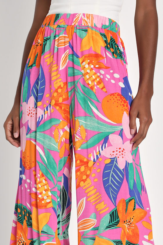 Spontaneous Sweetie Pink Multi Tropical Print Wide-Leg Pants