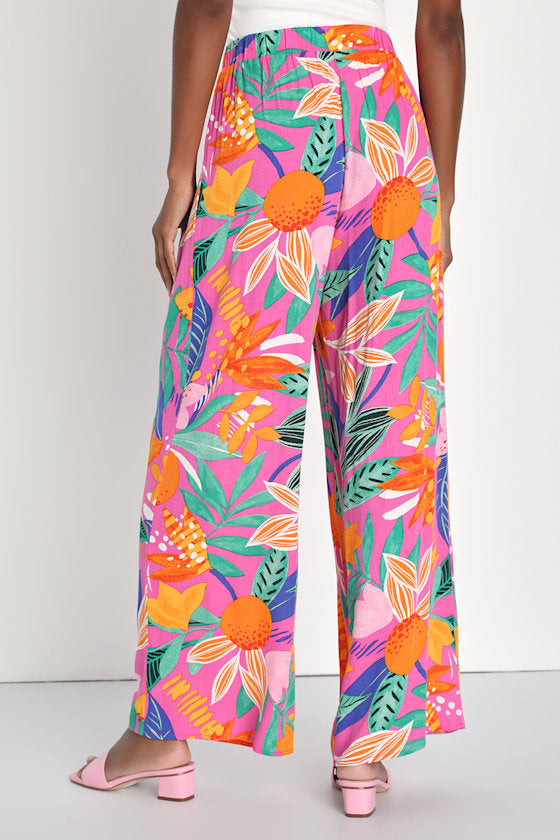 Spontaneous Sweetie Pink Multi Tropical Print Wide-Leg Pants
