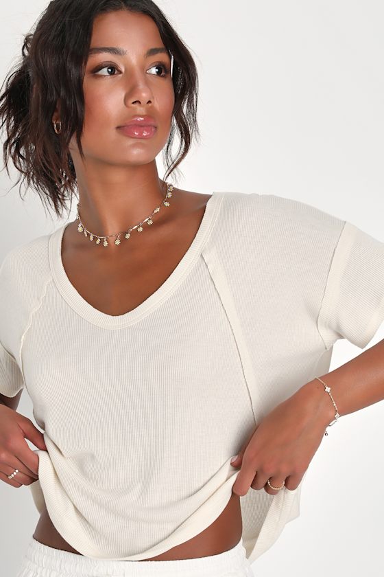 Daily Outing Cream Ribbed Short Sleeve Tee