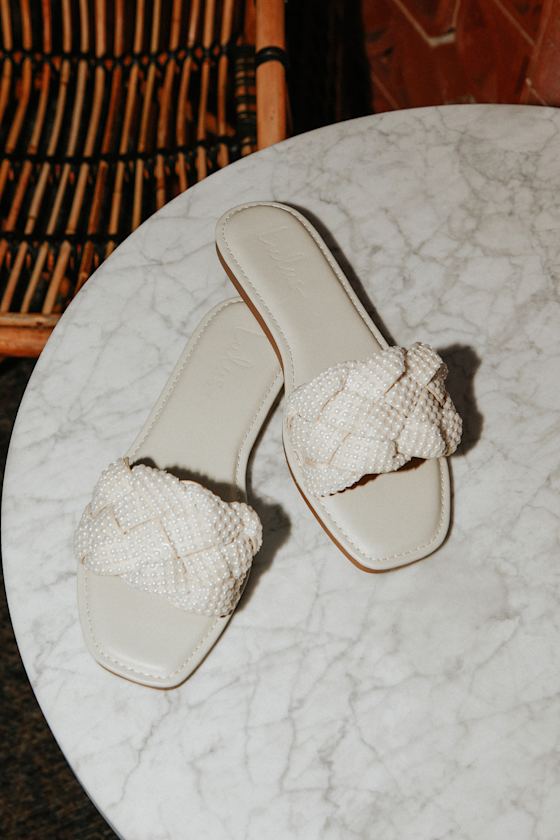 Avalon Ivory Pearl Braided Flat Slide Sandals