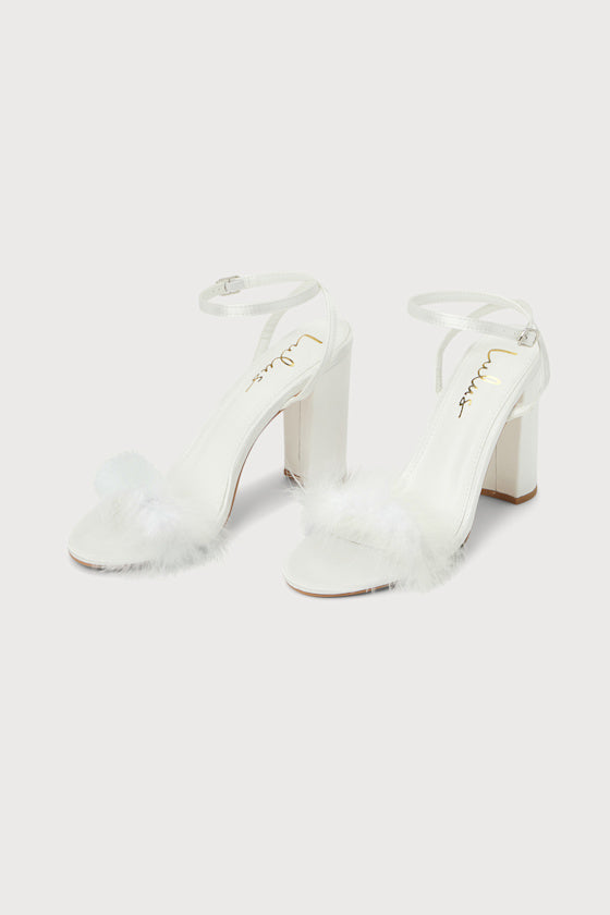 Fuller White Satin Feather Ankle Strap High Heel Sandals