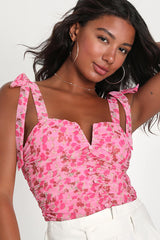 Flirtatious Sweetness Pink Floral Ruched Mesh Tie-Strap Top