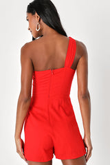 Tie and Low Red One-Shoulder Knotted Skort Romper