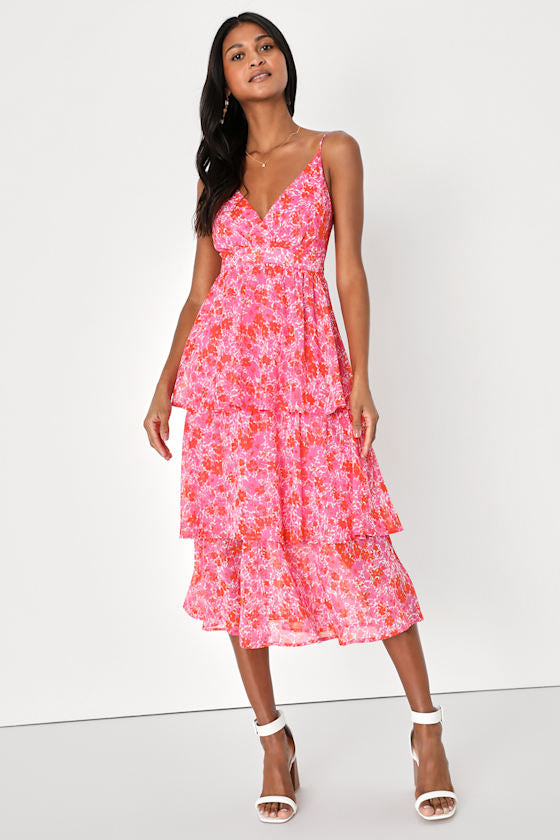 Adorable Obsession Pink Floral Print Lurex Tiered Midi Dress