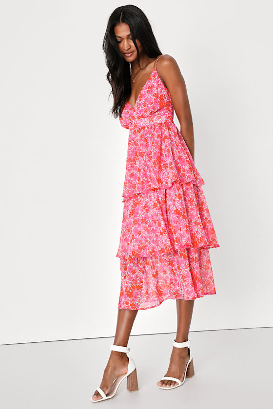 Adorable Obsession Pink Floral Print Lurex Tiered Midi Dress