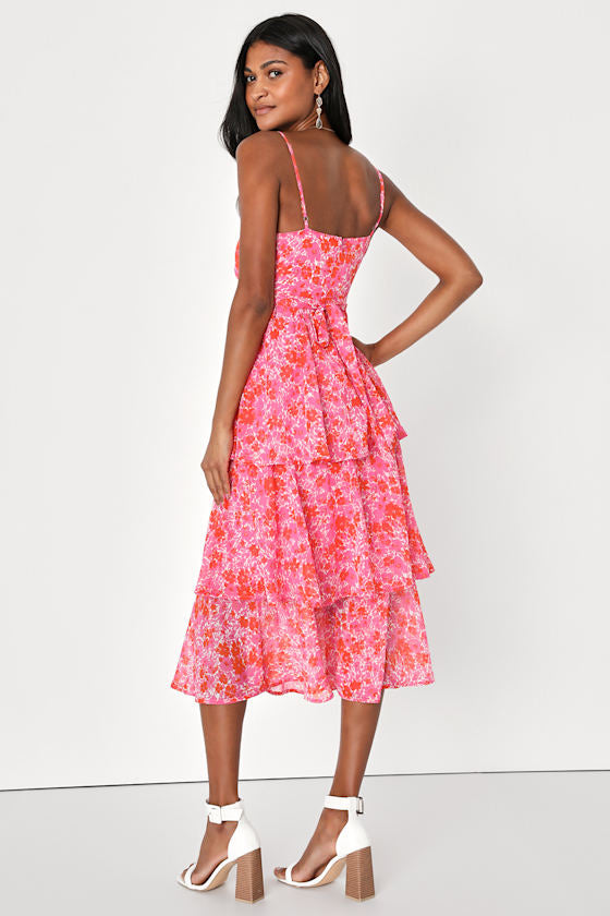 Adorable Obsession Pink Floral Print Lurex Tiered Midi Dress