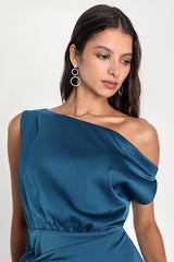 Elegant Poise Dark Teal Blue Satin Asymmetrical Tie-Front Dress