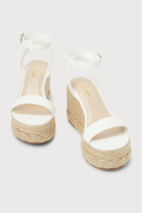 Cesilie White Ankle Strap Platform Espadrille Wedges
