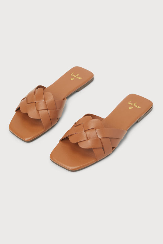 Nuneh Tan Leather Woven Slide Sandals