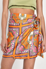 Luxe Essence Orange Baroque Print Satin Wrap Mini Skirt