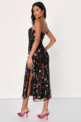 Bold Botanicals Black Floral Embroidered Strapless Midi Dress