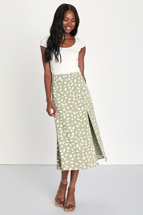 Getting Glam Sage Green Print Slit Midi Skirt