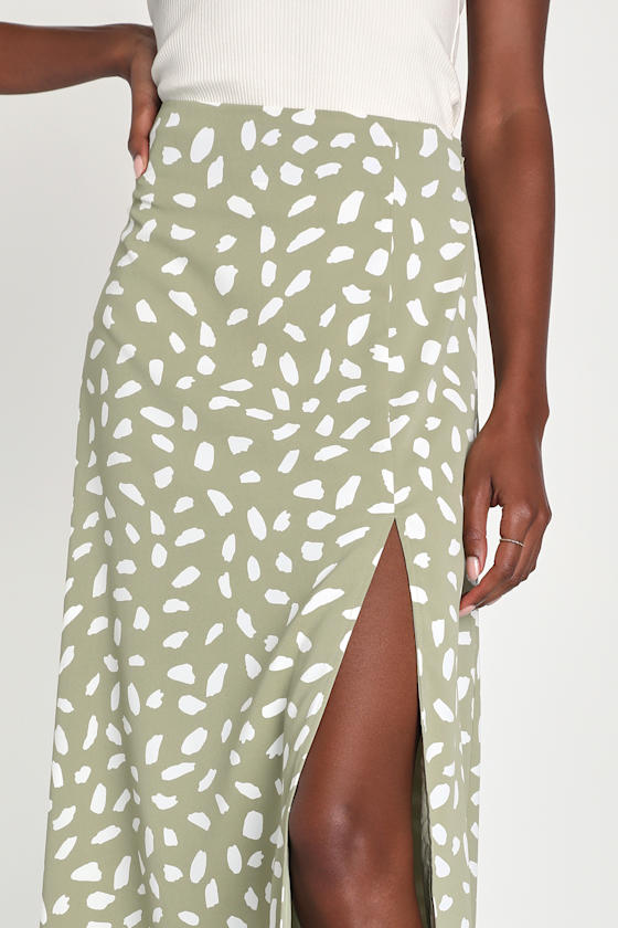 Getting Glam Sage Green Print Slit Midi Skirt