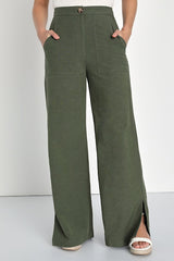 Jet Stream Olive Green High-Waisted Wide-Leg Pants