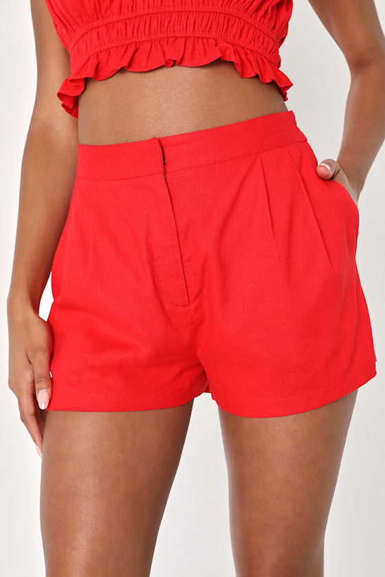 Hotter Temps Red Linen Ruffled Two-Piece Romper