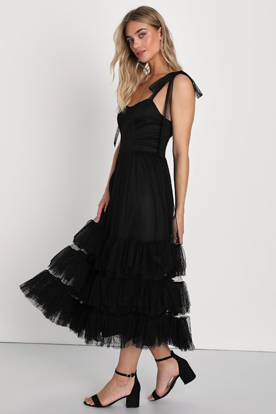Captivating Aesthetic Black Mesh Swiss Dot Tie-Strap Midi Dress