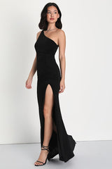 Especially Breathtaking Black Ruched One-Shoulder Maxi Dress