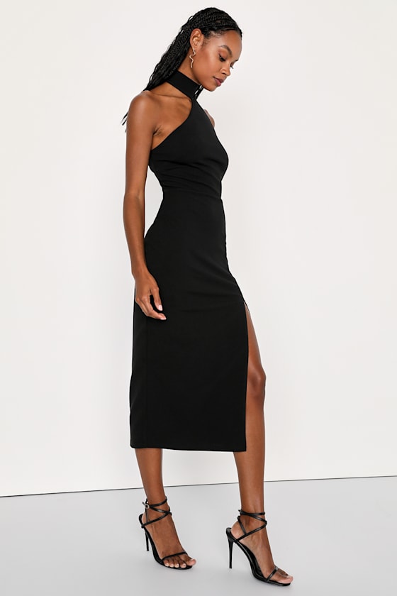 Keep It Interesting Black Asymmetrical Cutout Halter Midi Dress