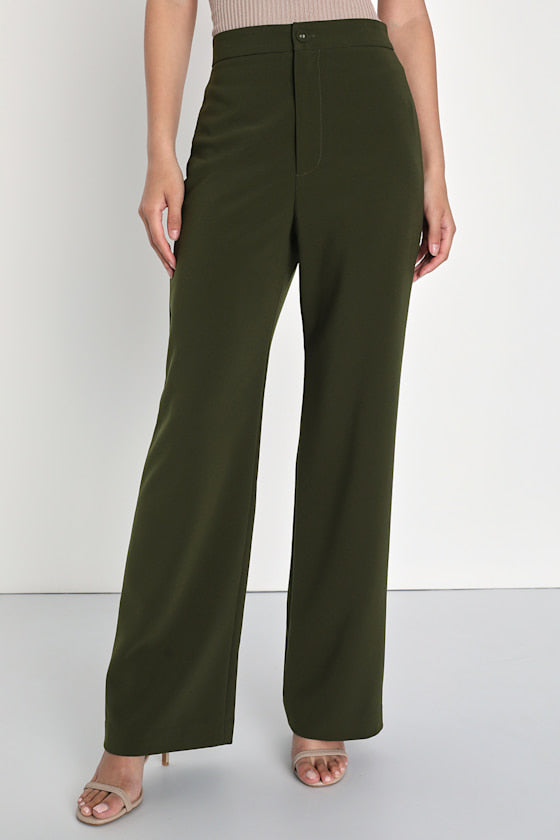 A Power Mood Olive Green High-Waisted Wide-Leg Trouser Pants