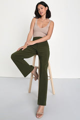 A Power Mood Olive Green High-Waisted Wide-Leg Trouser Pants