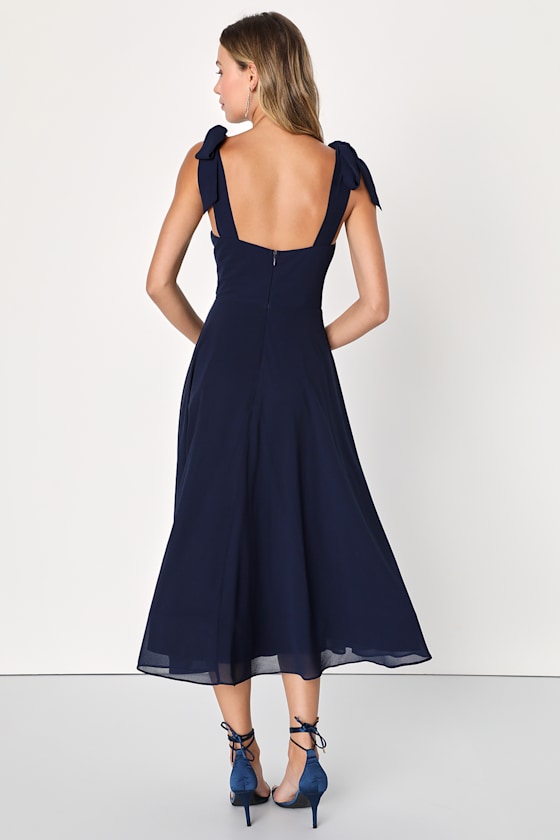 Sophisticated Charisma Navy Blue Tie-Strap A-Line Midi Dress