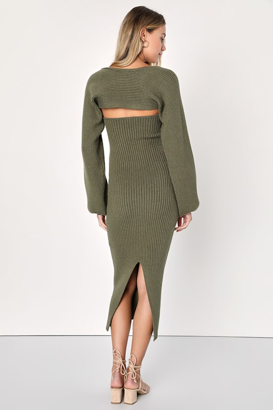 Autumn Aura Olive Green Ribbed Two-Piece Sweater Dress