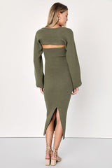 Autumn Aura Olive Green Ribbed Two-Piece Sweater Dress