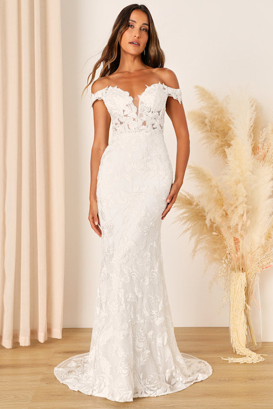 Precious Romance White Embroidered Off-the-Shoulder Maxi Dress